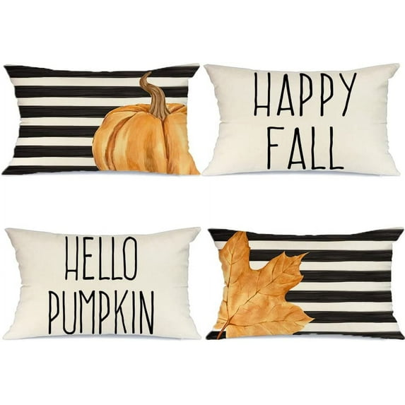 Fall Decor Pillow Covers 12 x 20 inch Set of 4 Stripes Pumpkin Maple Leaf Happy Fall Outdoor Lumbar Fall Pillows Decorative Throw Pillows Farmhouse Thanksgiving Cushion Case for Couch Sofa