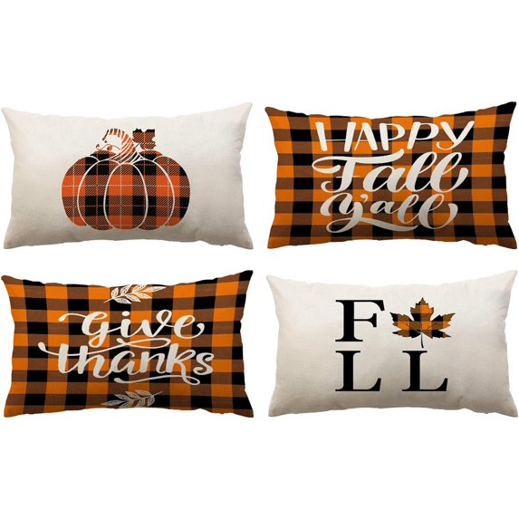 Fall Decor Pillow Covers 12x20 Set of 4 Plaid Pumpkin Maple Leaf Outdoor Fall Throw Pillows Thanksgiving Autumn Farmhouse Decorative Cushion Case for Home Couch Sofa Decorations (lumbar)
