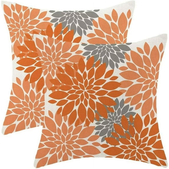 Fall Decor Pillow Covers 16x16 Set of 2, Burnt Orange Dahlias Flowers Throw Pillow Covers Geometry Modern Linen Farmhouse for Couch Sofa Summer Home Outdoor Decor