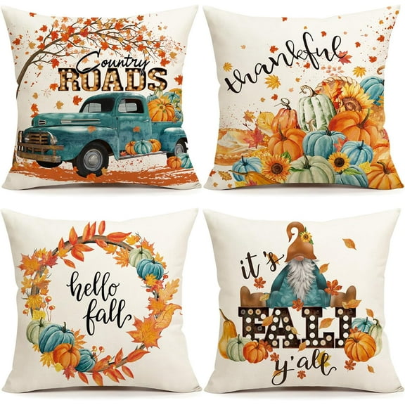 Fall Decor Pillow Covers 16x16 Set of 4 Thanksgiving Decorations Blue and Orange Pumpkins Outdoor Fall Farmhouse Decorative Throw Pillow Covers Autumn Harvest Cushion Case for Couch Sofa