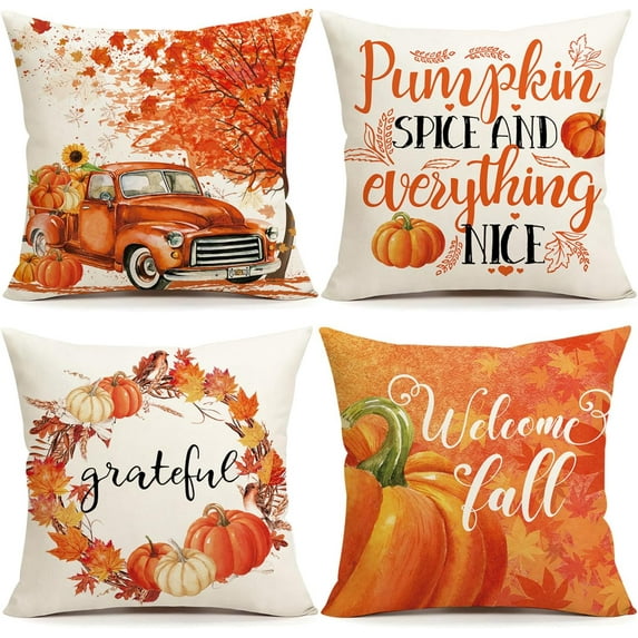 Fall Decor Pillow Covers 16x16 Set of 4 Thanksgiving Decorations Orange Truck Pumpkin Outdoor Fall Farmhouse Decorative Throw Pillow Covers Autumn Harvest Cushion Case for Couch Sofa