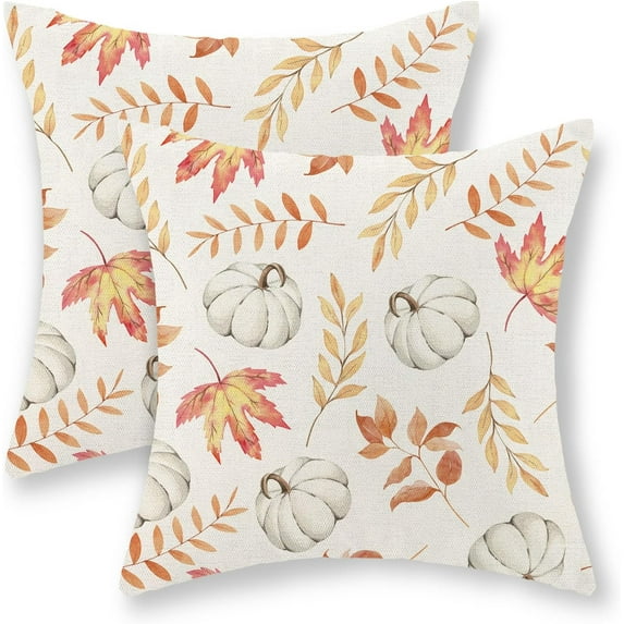 Fall Decor Pillow Covers 18x18 Inch Set of 2 Autumn Maple Leaves Throw Pillows for Couch Thanksgiving White Pumpkin Harvest Indoor Outdoor Decorative Cushion Cases for Sofa Bed Decorations