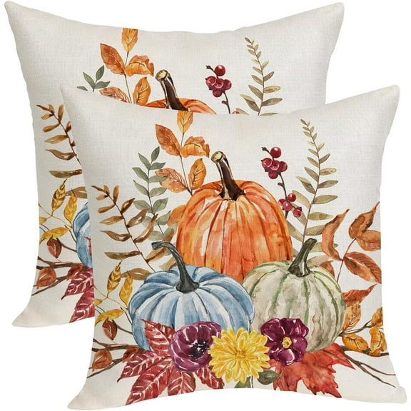 Fall Decor Pillow Covers 18x18 Inches Pack of 2 Orange Blue Pumpkin Leaves Throw Pillow Covers, Autumn Thanksgiving Decoration Pillowcase Farmhouse Decorative Cushion Case for Home Sofa Outdoor