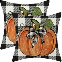 Fall Decor Pillow Covers 18x18 Set of 2, Buffalo Plaid Orange Pumpkin Pattern Decorative Throw Pillows Linen Autumn Thanksgiving Cushion Pillow Covers for Sofa Couch Outdoor Decor