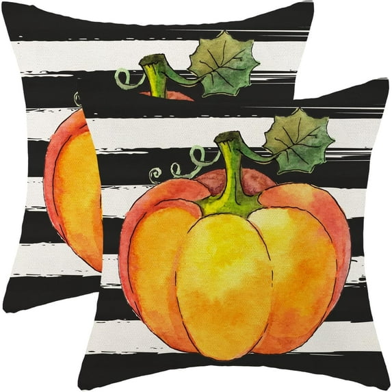 Fall Decor Pillow Covers 18x18 Set of 2, Orange Watercolor Pumpkin Decorative Fall Throw Pillows Linen Black Stripes Print Autumn Thanksgiving Cushion Covers for Sofa Couch Outdoor Decor