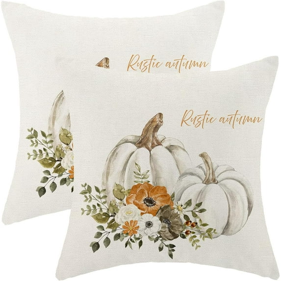 Fall Decor Pillow Covers 18x18 Set of 2, White Watercolor Pumpkin Farmhouse Fall Decorative Throw Pillow Covers Linen Autumn Thanksgiving Outdoor Floral Decorations Cushion Case For Couch Sofa Home