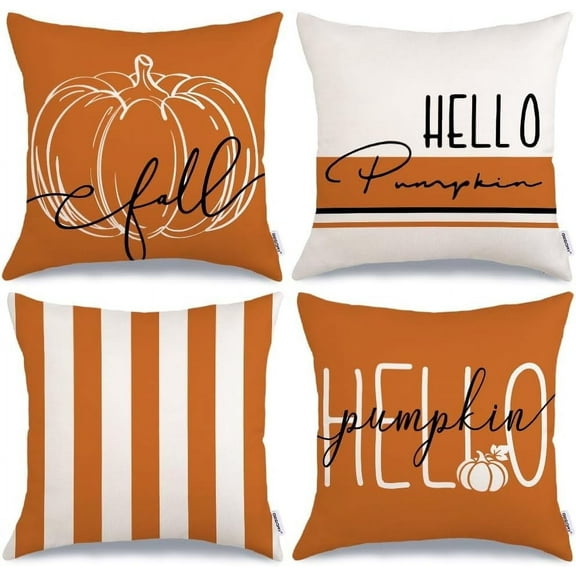 Fall Decor Pillow Covers 18x18 Set of 4 Hello Pumpkin Orange Stripes Fall Pillows Decorative Throw Pillows Outdoor Farmhouse Thanksgiving Decorations Cushion Case for Couch Sofa