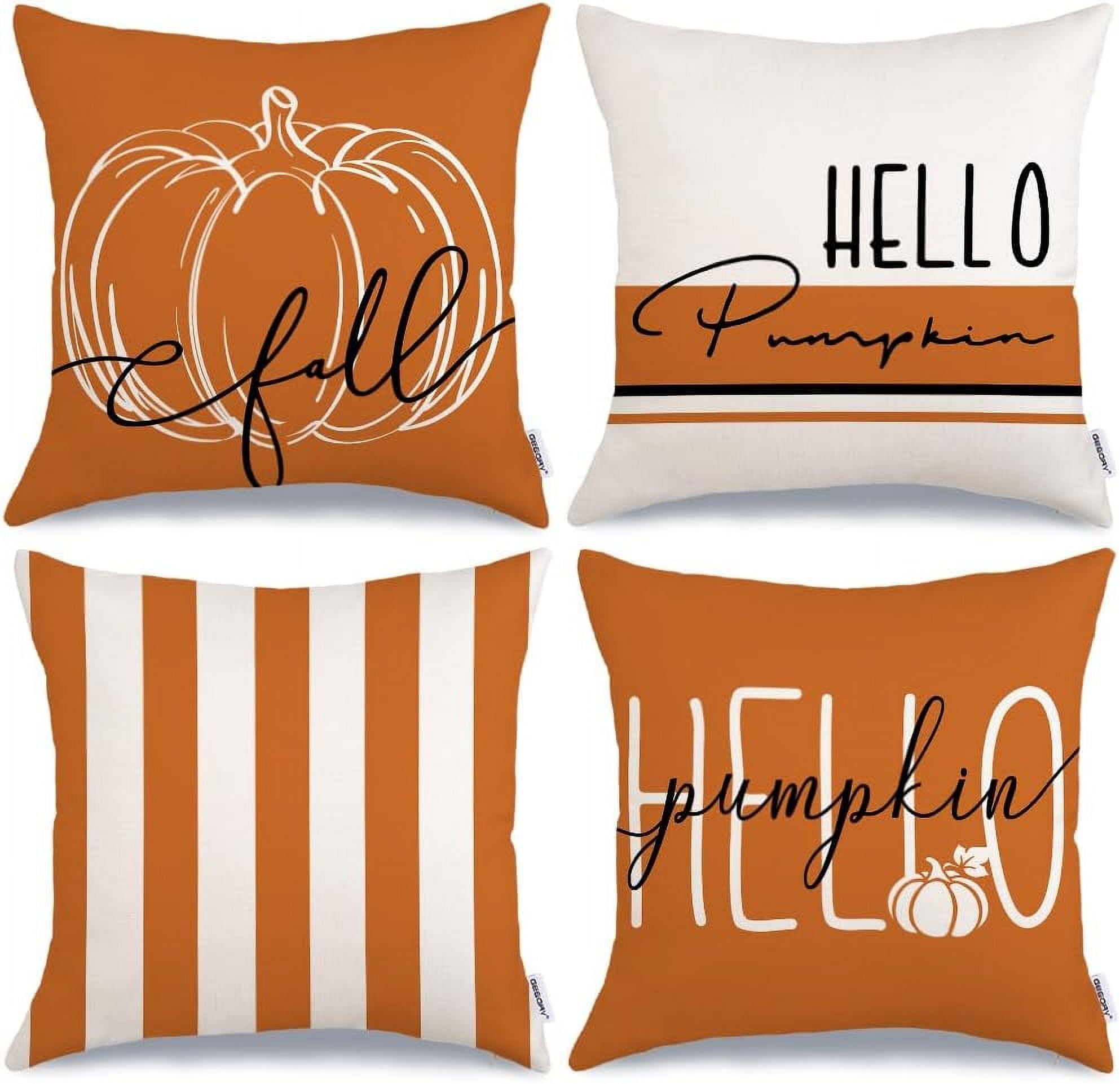 Fall Decor Pillow Covers 18x18 Set of 4 Hello Pumpkin Orange Stripes Fall Outdoor Stripes Fall Pillows Decorative Throw Pillows Farmhouse Orange Thanksgiving Cushion Case for Couch Sofa Walmart