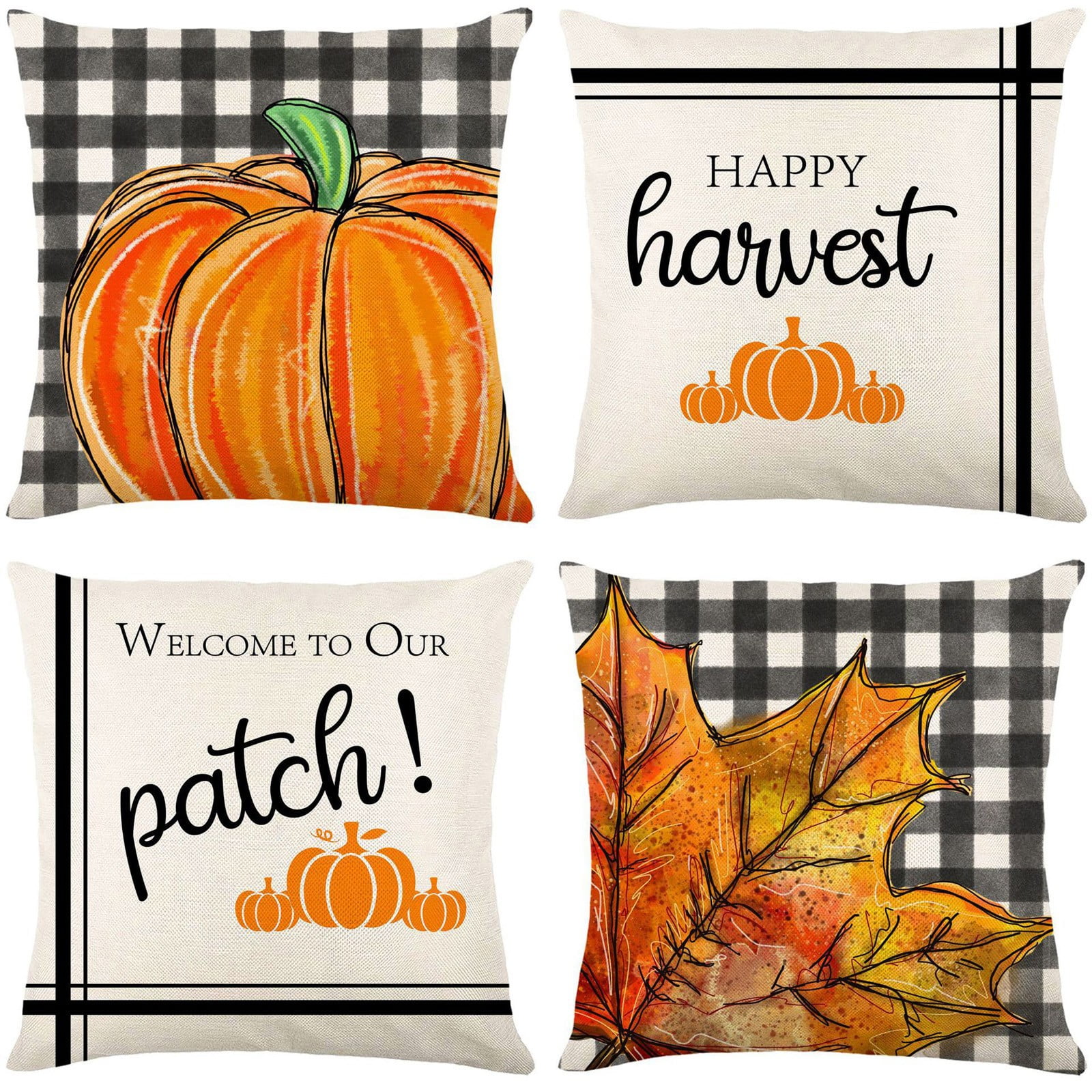 Decorx 18 inch x 18 inch Decorative Fall Pillow Covers Set of 4 Farmhouse Pumpkin Truck Sunflowers Orange Decorative Throw Pillow Cover Cushions for