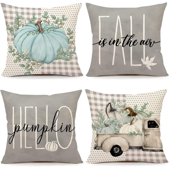 Fall Decor Pillow Covers 18x18 Set of 4 Thanksgiving Buffalo Check Farmhouse Decorations Dot Orange Pumpkin Maple Leaves Outdoor Decorative Throw Cushion Case for Home Couch S23F17