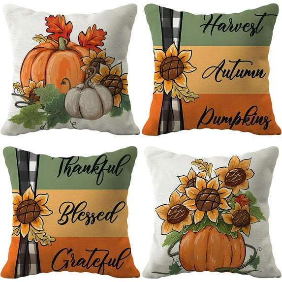 Fall Decor Pillow Covers 18x18 Set of 4 Thanksgiving Sunflower Pumpkin Farmhouse Decorations Outdoor Autumn Pillows Decorative Throw Cushion Case for Home Couch