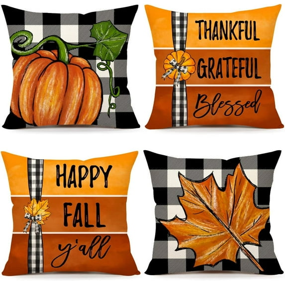 Fall Decor Pillow Covers 20x20 Set of 4 Thanksgiving Buffalo Check Pumpkin Farmhouse Decorations Happy Fall Y''all Outdoor Autumn Pillows Decorative Throw Cushion Case S23F07-20