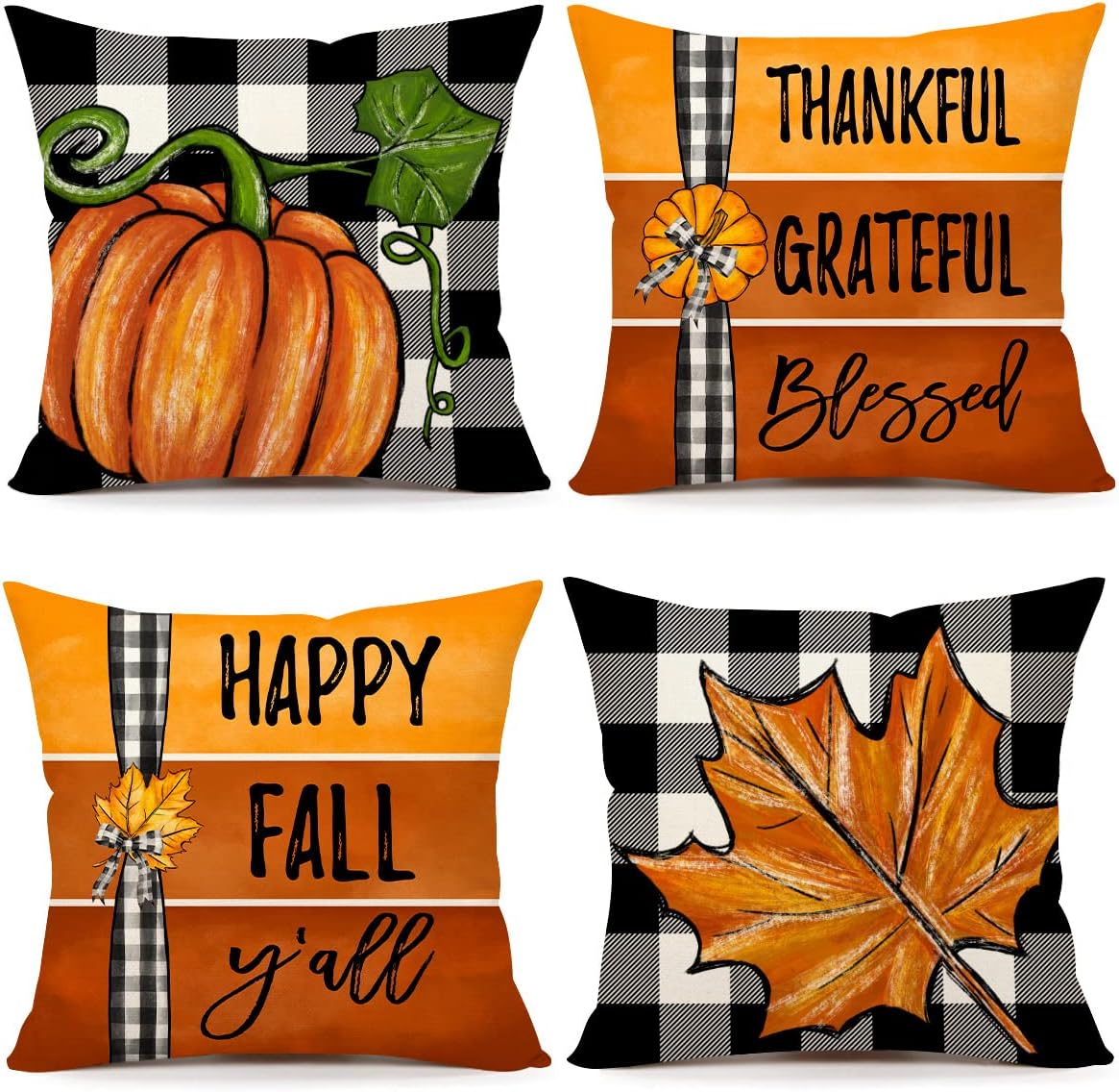 Fall Decor Pillow Covers 20x20 Set of 4 Thanksgiving Buffalo Check
