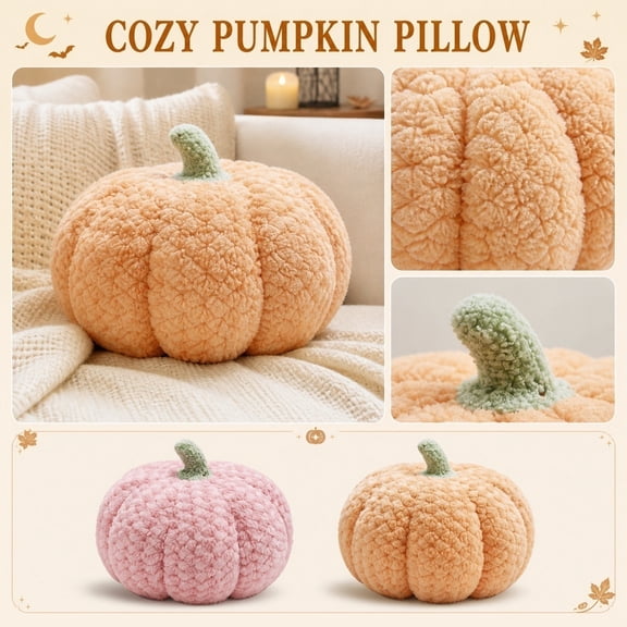 Fall Decor, Pink Fall Decorations, Cozy Fall Decor, Halloween Pumpkin Decor, 8X8 Inch Soft Fuzzy Lamb Fleece 1-Piece Pink Plush Pumpkin Throw Pillow, Cute Desktop and Couch