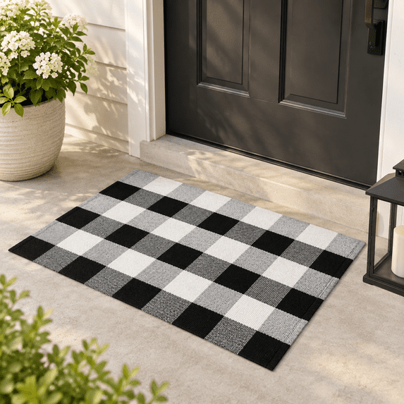 Library Entrance Rug Fall Decor Plaid Outdoor Rug 2' X 3' Black And White Front Door Mat ...