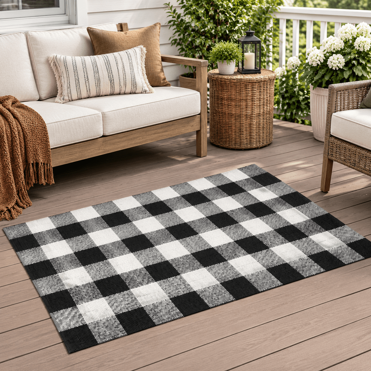 Layered Rug Entry Fall Decor Plaid Outdoor Rug 24x52 Black And White Front Door Mat ...