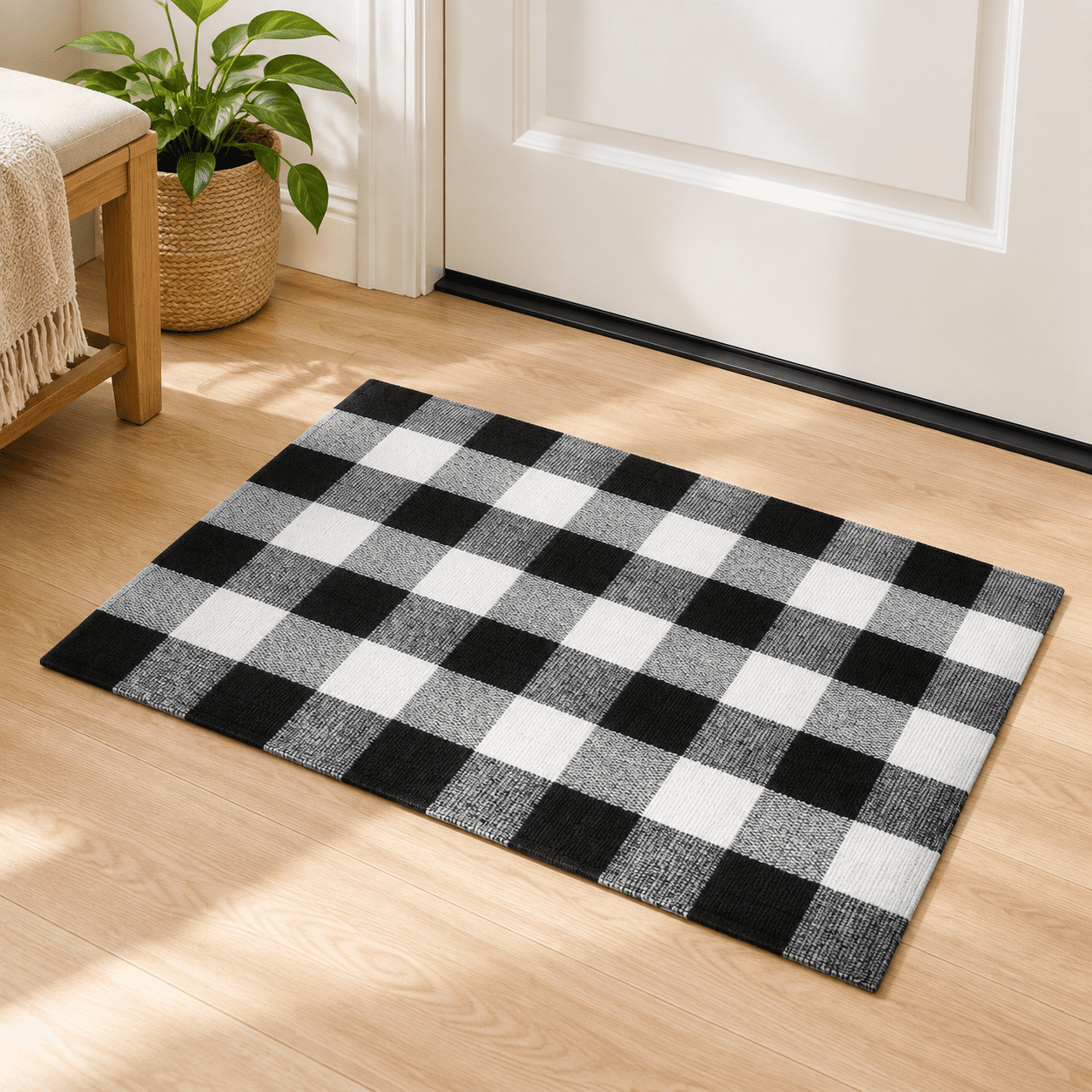 Layered Rug Entry Fall Decor Plaid Outdoor Rug 27.5x43 Black And White Front Door Mat ...