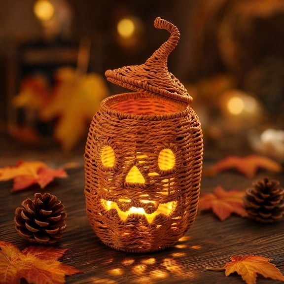 Fall Decor Pumpkin Lantern, Woven Willow Pumpkin Decoration with Removable Witch Hat Top, Halloween Decorations for Home, Rustic Autumn Harvest Tabletop Decor for Seasonal Party Display