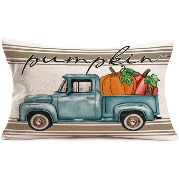 Fall Decor Pumpkin Pillow Covers 12x20 Inch Harvest Farm Blue Truck Pickup with Pumpkins Autumn Leaves Throw Waist Pillow Cases Cotton Linen Cushion Case for Sofa Couch
