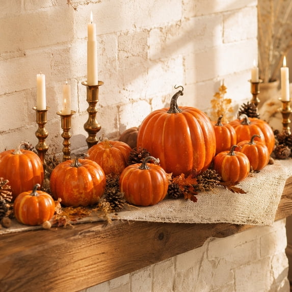 Fall Decor Pumpkins, Small Orange Faux Pumpkins for Fall Decor, for Indoor Table, Mantel, Entryway Use at Home Parties and Holiday Gatherings, to Add Warm Seasonal Harvest Flair