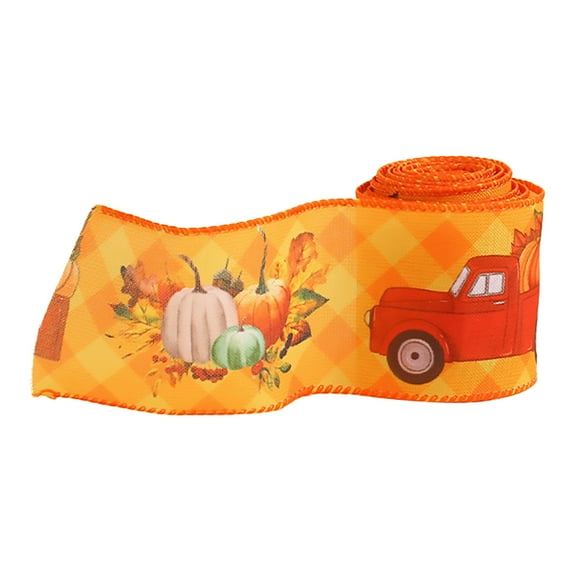 Fall Decor Ribbon Fall Autumn Wired Edge Ribbon Thanksgiving Wired Ribbon Pumpkin Maple Leaf Truck Wired Ribbon Wrapping Crafts Ribbon For Autumn Decorations Accessories,1 PC