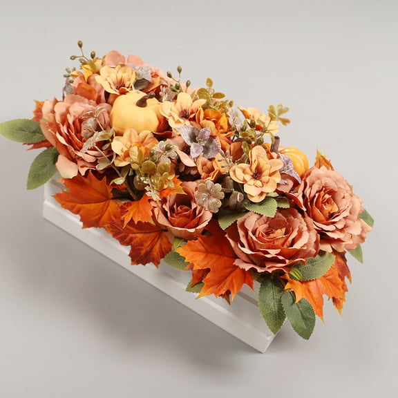 Fall Decor Rose Floral Table Arrangement with Harvest Planter Wooden Tray,Light Up Fall Decorations Artificial Pumpkin Maple Leaf Autumn Table Centerpiece for Farmhouse Thanksgiving Kitchen