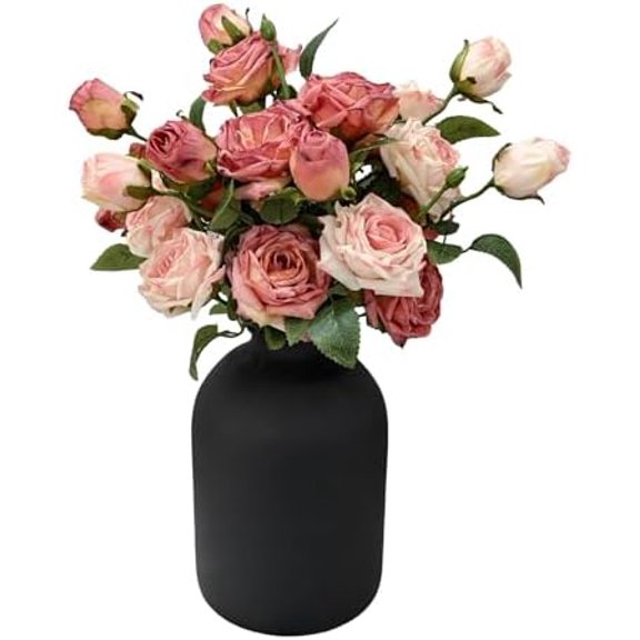 Fall Decor,Roses Fake Flowers Arrangement with Black Matte Metal Vase Included,Christmas Realistic Artificial Flowers Bouquet Picks,Centerpieces for Tables,Modern Farmhouse Decor