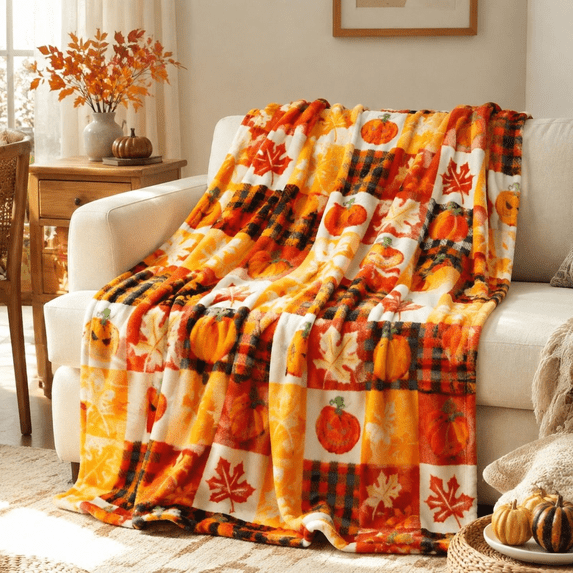Fall Decor Throw Blanket Patchwork Pumpkin Maple Leaf Turkey Gnome Print Fleece, Autumn Harvest Quilt Style Plush Throw for Couch Bed Sofa, Cozy Thanksgiving Home Decor for Farmhouse 39.4×29.55in