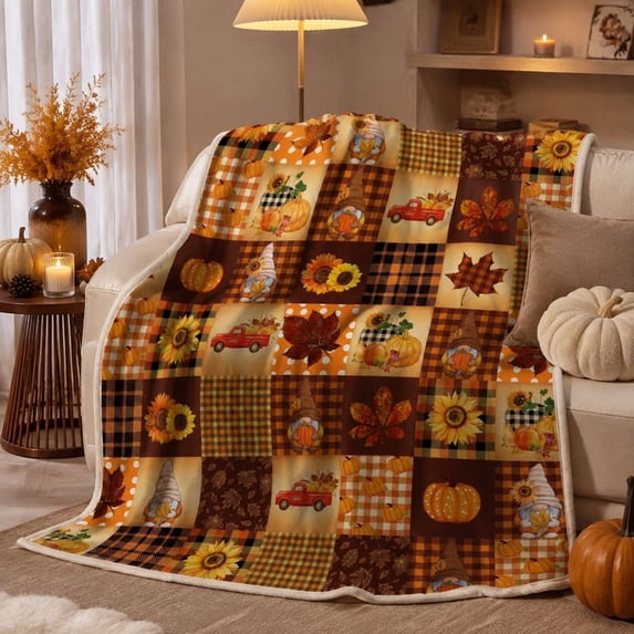Fall Decor Throw Blanket Patchwork Pumpkin Maple Leaf Turkey Gnome Print Fleece, Autumn Harvest Quilt Style Plush Throw for Couch Bed Sofa, Cozy Thanksgiving Home Decor for Farmhouse 39.4×29.55in