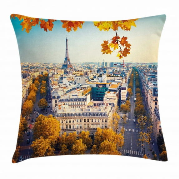 Fall Decor Throw Pillow Cushion Cover, Aerial View of Eiffel Tower at Sunset Paris France Cityscape Historical Landmark, Decorative Square Accent Pillow Case, 18 X 18 Inches, Multicolor, by Ambesonne
