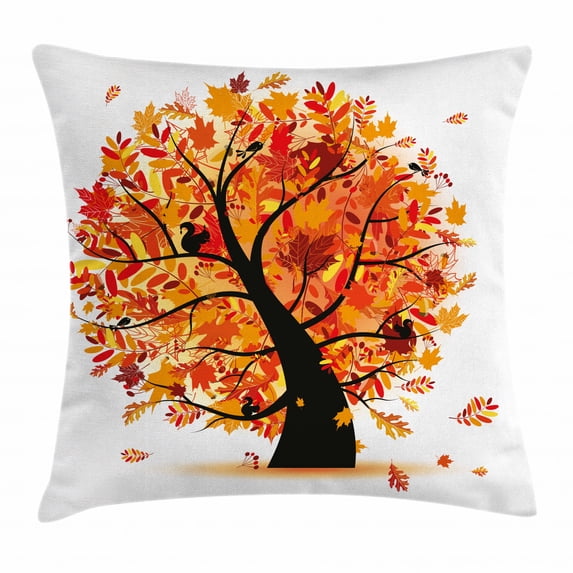 Fall Decor Throw Pillow Cushion Cover, Curvy Tree Full of Various Leaves Falling Cartoon Style Illustration, Decorative Square Accent Pillow Case, 16 X 16 Inches, Black Scarlet Yellow, by Ambesonne