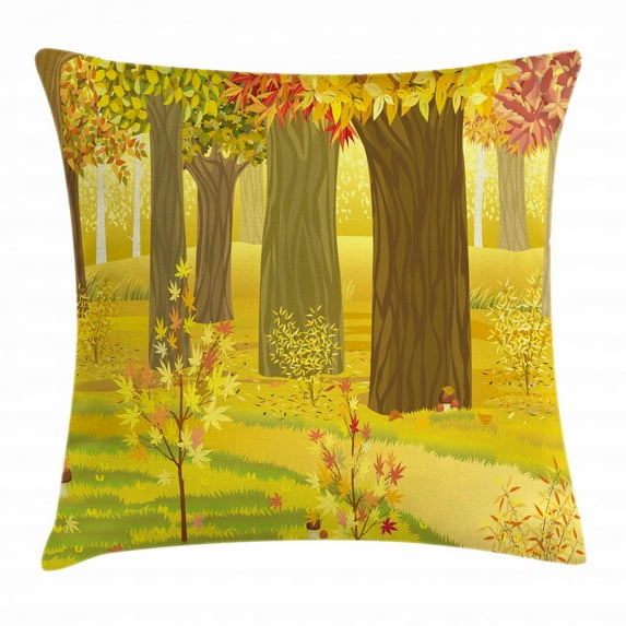Fall Decor Throw Pillow Cushion Cover, Dreamy Fantasy Enchanted Forest Illustration Deciduous Trees Bushes Countryside, Decorative Square Accent Pillow Case, 20 X 20 Inches, Multicolor, by Ambesonne