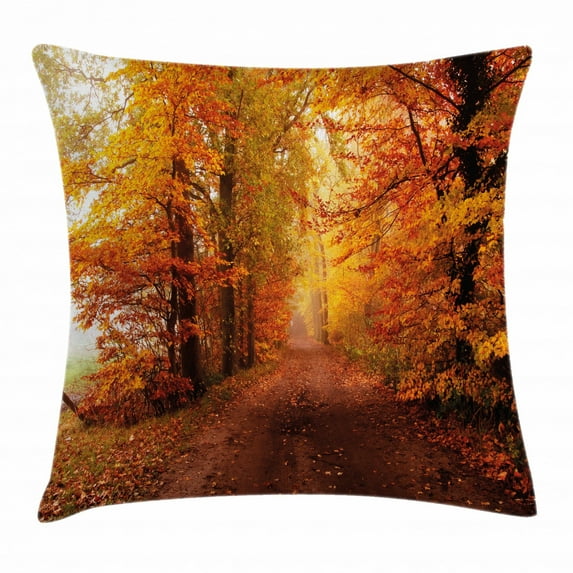 Fall Decor Throw Pillow Cushion Cover, Footpath in Foggy Woods Peaceful September Serene Idyllic Country, Decorative Square Accent Pillow Case, 16 X 16 Inches, Orange Redwood Yellow, by Ambesonne