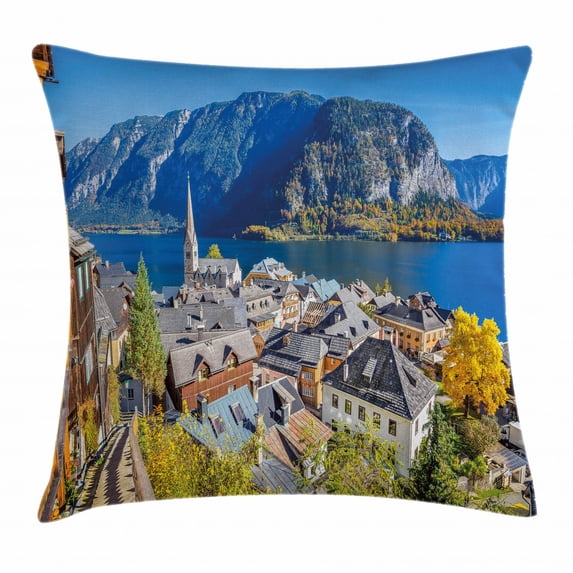 Fall Decor Throw Pillow Cushion Cover, Historic Mountain Village of Hallstatt Austria Seasonal European Landscape View, Decorative Square Accent Pillow Case, 18 X 18 Inches, Multicolor, by Ambesonne