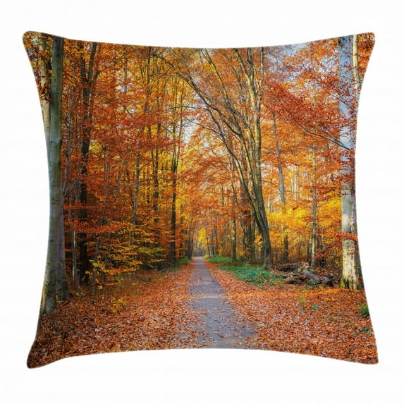 Fall Decor Throw Pillow Cushion Cover, Pathway Covered with Fallen Leaves Through Fall Forest Vibrant Trees, Decorative Square Accent Pillow Case, 20 X 20 Inches, Orange Yellow Green, by Ambesonne