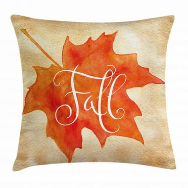 Fall Decor Throw Pillow Cushion Cover, Vivid Watercolor Maple Leaf Fall Word on Vintage Backdrop Artsy, Decorative Square Accent Pillow Case, 16 X 16 Inches, Orange Light Brown White, by Ambesonne