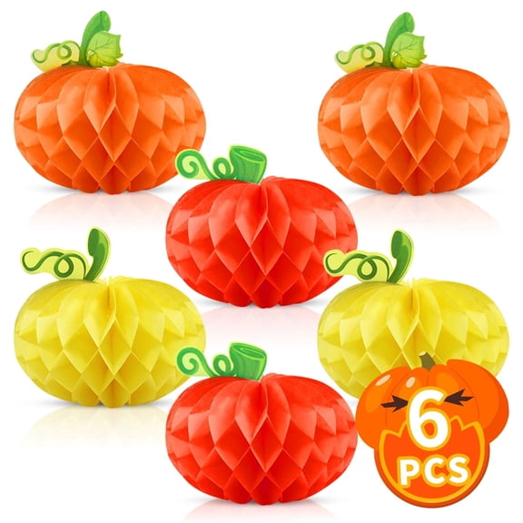 Thanksgiving Decor Tissue Pumpkins 3D Hanging Honeycomb Pumpkins for Autumn Thanksgiving Home Party Favor Supplies (Mix,6pcs)