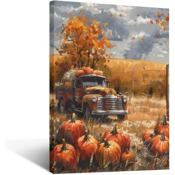 Fall Decor Wall Art Farmhouse Autumn Pumpkins Pictures Wall Decor Country Autumn Leaves Red Truck Canvas Painting Print Modern Home Unframed