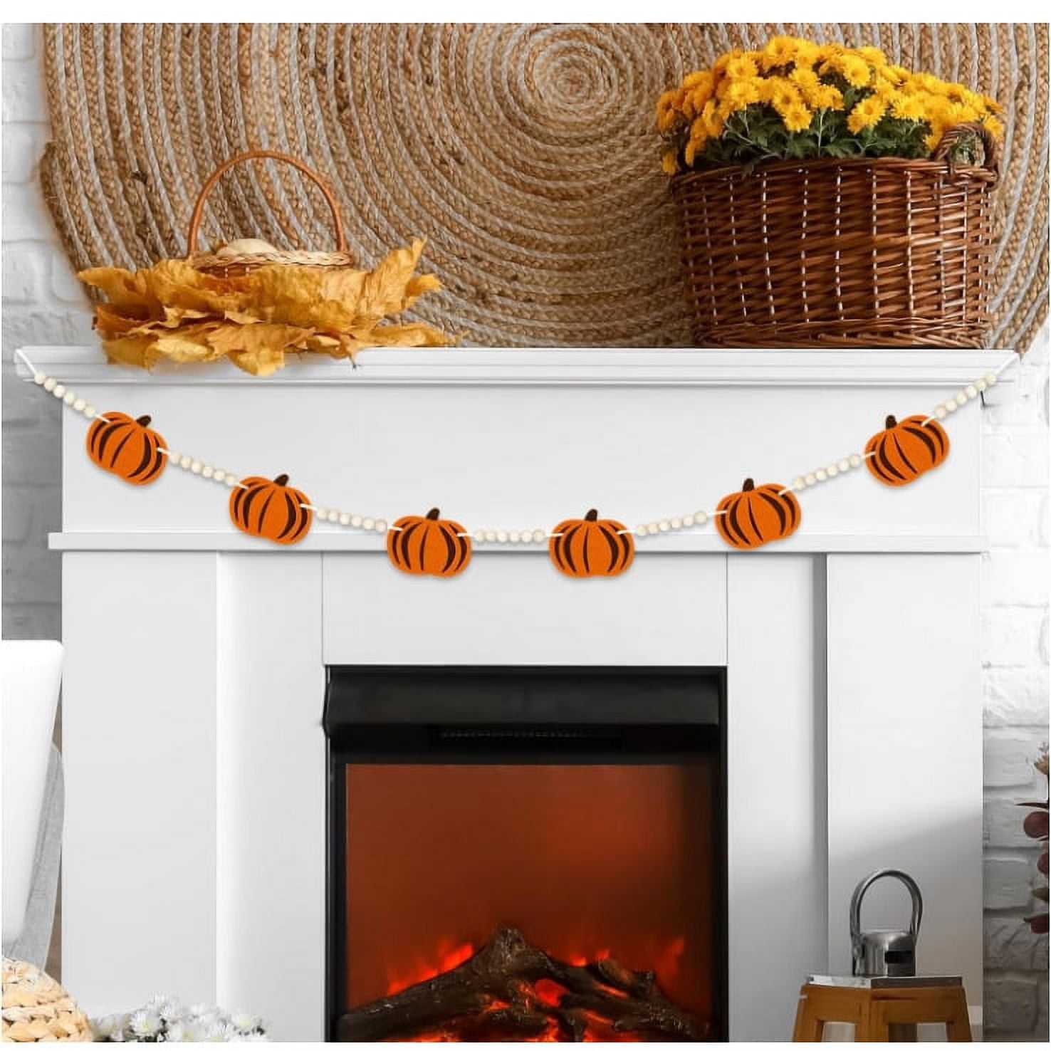 Fall Decor-Wooden Pumpkin Garland Fall Decorations for Home-Thanksgiving Farmhouse Pumpkins Wood Bead Garland Banner for Fireplace Mantel Walls, Halloween Decorations Indoor