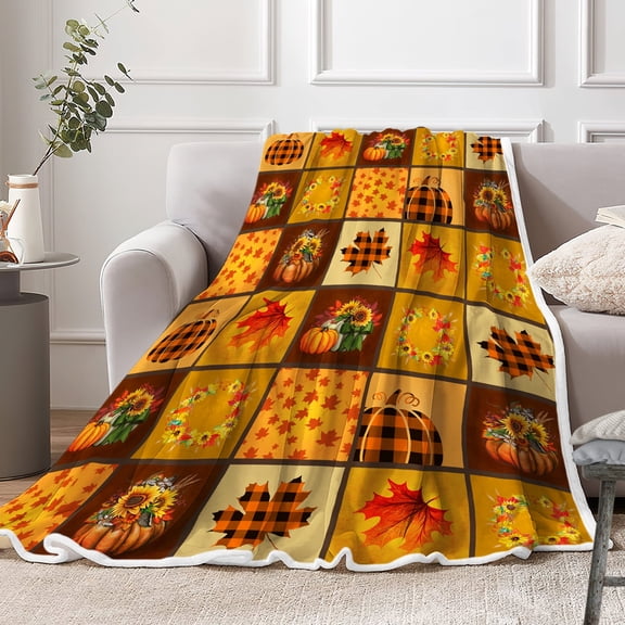 Fall Decoraitve Throw Blanket Small Plaid Thanksgiving Autumn Pumpkins Leaf Blanket Baby Pet Blanket for Bed Sofa Couch Camping Decor Yellow Orange Lightweight Fuzzy Fleece Blankets and Throws