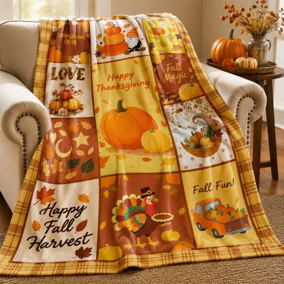 Fall Decoraitve Throw Blanket Small Plaid Thanksgiving Autumn Pumpkins Leaf Blanket Baby Pet Blanket for Infant Toddler Crib Bed Soft Lightweight Fuzzy Blankets and Throws 40"x30"