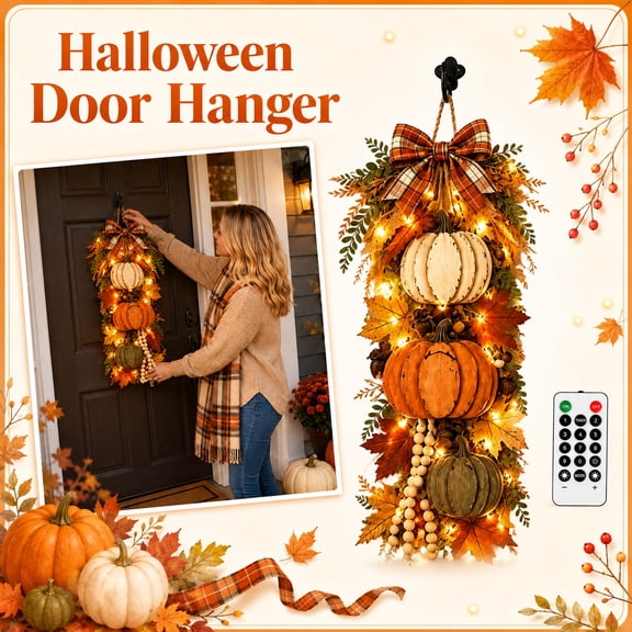 Fall Decoration,Rustic Wooden Pumpkin Door Hanging Swag with Warm Led,Fall Hallowen Swag Decoration,Hanging PumpKin Decor,Glowing Wreath, Farmhouse Porch Front Door Decoration Home