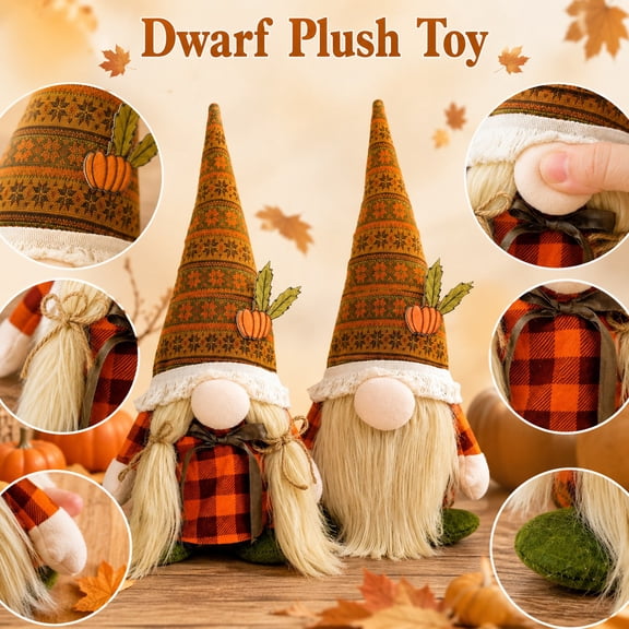 Fall Decorations, 2 Pack Fabric Gnomes with Buffalo Plaid & Cream Pumpkin, Cute Scandinavian Nisse Dolls for Thanksgiving Harvest Home Shelf Table Centerpiece Rustic Farmhouse Autumn Decor