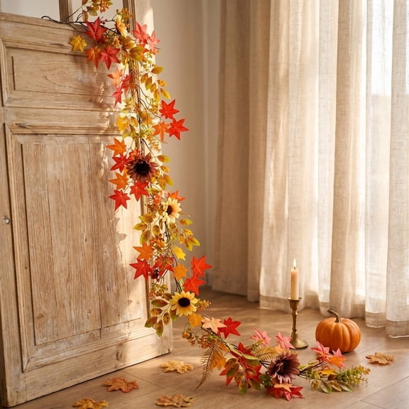 Fall Decorations, Artificial Maple Leaf Vine, Double Strand Garland for Thanksgiving Autumn Home Decor Indoor Outdoor(Orange)