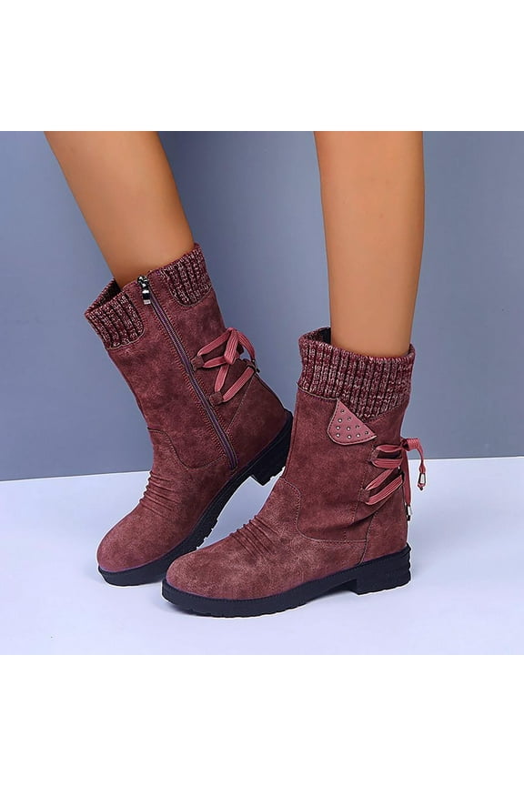 Women Fashion Shoes Retro Western Boots Casual Warm Low Heels Mid-Calf Boots