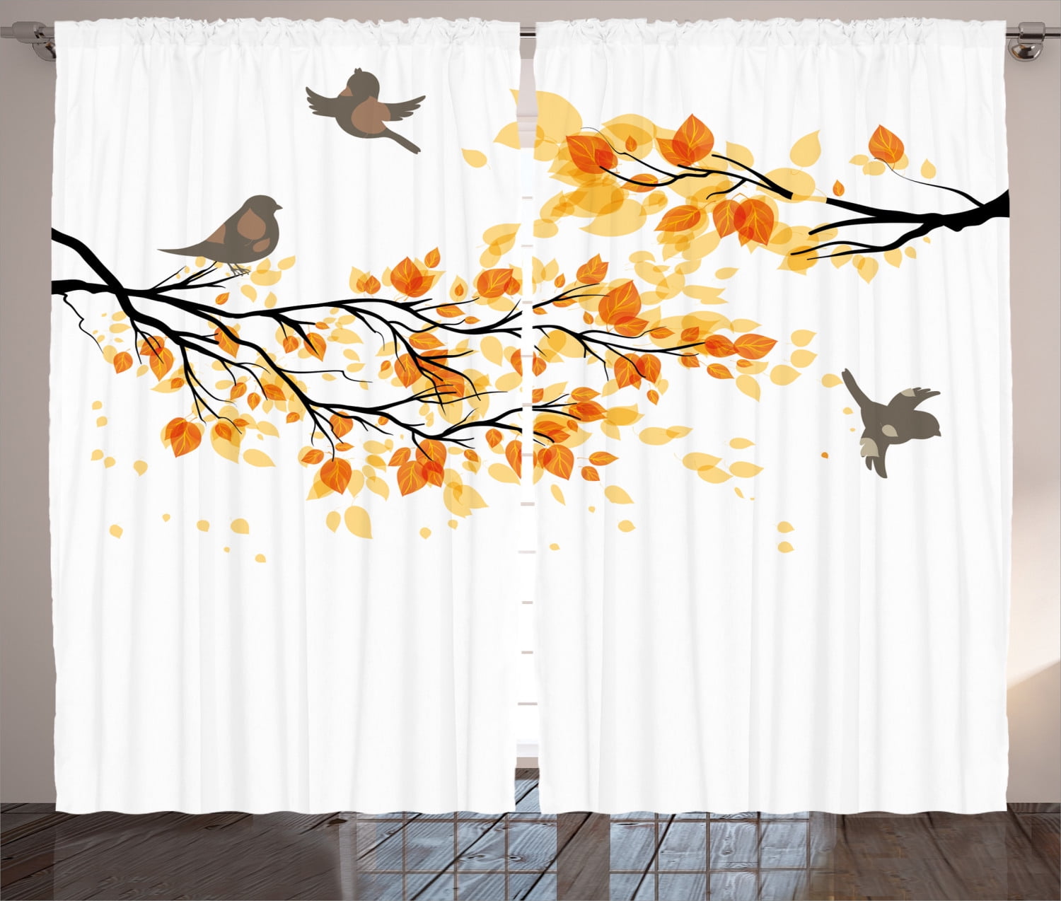 Autumn Birds and Leaves Light-Filtering Polyester Curtain Panel Pair