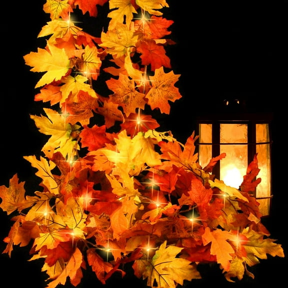 Fall Decorations Fall Garland with Lights, Lighted String Fall Garland. Autumn Maple Leaves Garland with Light Battery Operated Home Decor Thanksgiving Halloween Christmas