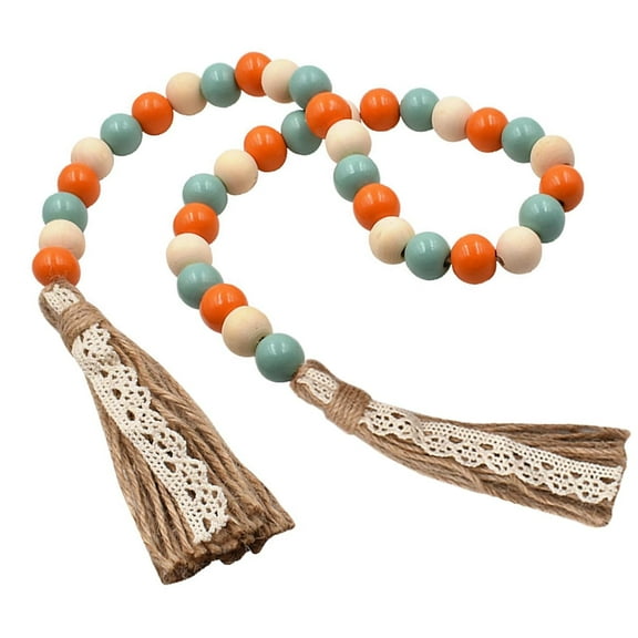 Fall Decorations Harvest Wood Bead Garland with Tassel, Home Farmhouse Tiered Tray Decor with Jute Rope Plaid Tassel, Rustic Fall Décor for Mantle Porch Door Shelf Orange White Rae Dunn Fall Beads