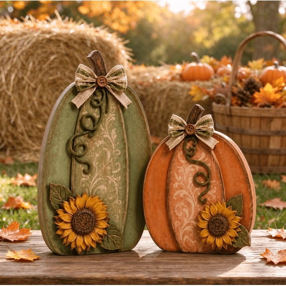 Fall Decorations for Home, 2-Piece Wooden Flat Sunflower Pumpkin Fall Decor, Layered Wooden Autumn Cutouts for Shelf, Ideal for Home Holiday Decoration