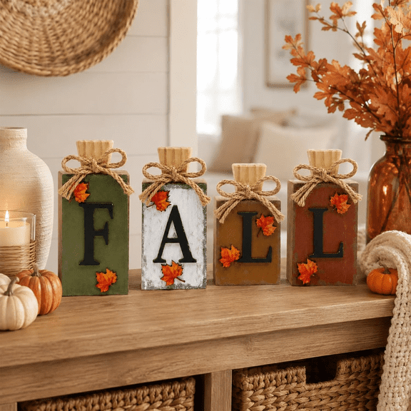 Fall Decorations for Home, 4Pcs Vintage Wooden Autumn Thanksgiving Fall Decor for Table Indoor Home Office Farmhouse Kitchen Room Bedroom Mantel Tiered Tray Rustic Wood Signs